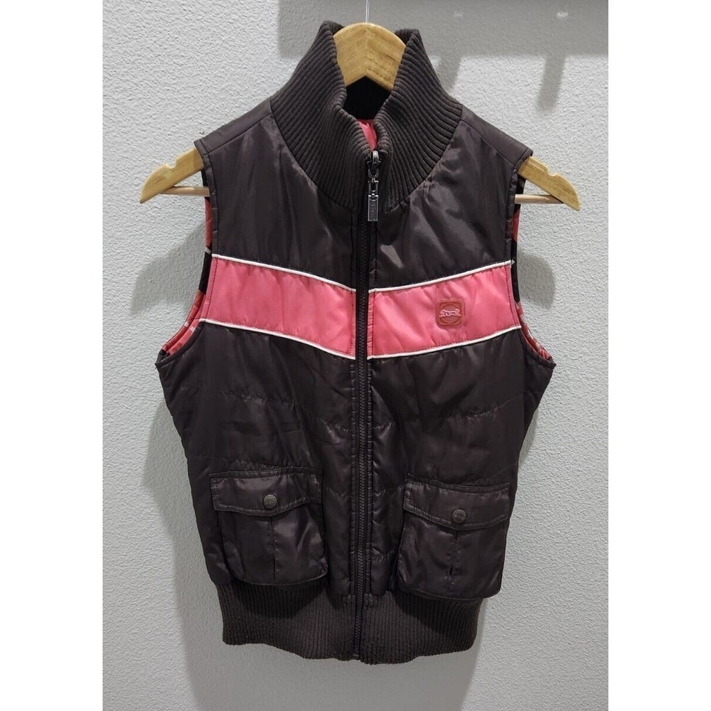 Vintage Le Tigre Women Reversible Puffer Vest Pink Argyle Y2K Mock Neck M - Picture 2 of 14